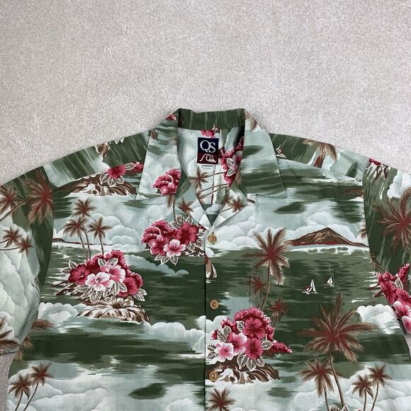 Vtg Quicksilver Hawaiian Loop Camp Shirt Med 90s Resort Tribal Palm Trees Art - Picture 2 of 13